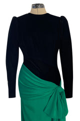 Fall 1983 Ady Couture Lausanne for Yves Saint Laurent Silk Black Velvet Bodice Dress w Emerald Green Silk Skirt