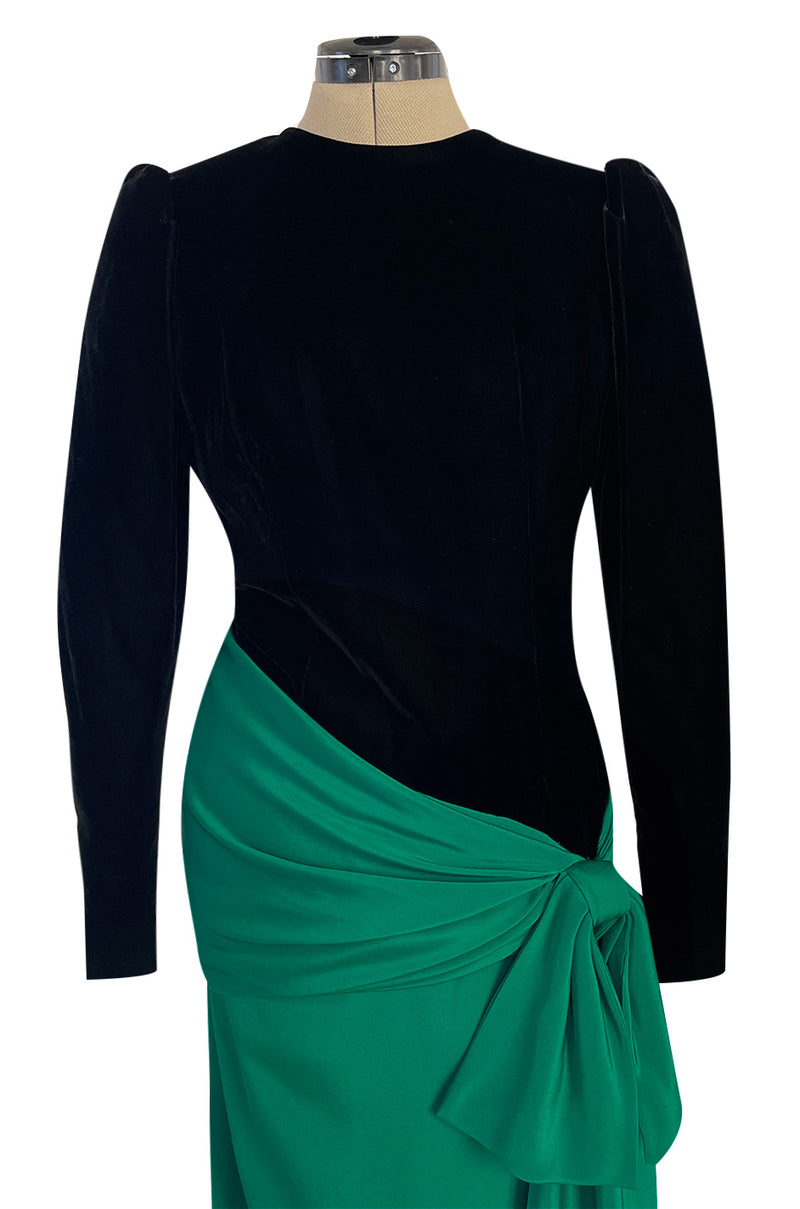 Fall 1983 Ady Couture Lausanne for Yves Saint Laurent Silk Black Velvet Bodice Dress w Emerald Green Silk Skirt