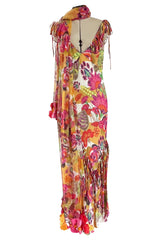 Gorgeous Spring 2005 Christian Dior by John Galliano Silk Print Dress w Flowered Edge Scarf