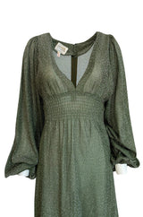 1970s Ossie Clark Metallic Green & Silver Lurex Knit Lame Plunge Dress