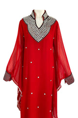 Striking 1970s Red Dotted Chiffon White Beaded Caftan Dress w Kimono Sleeves