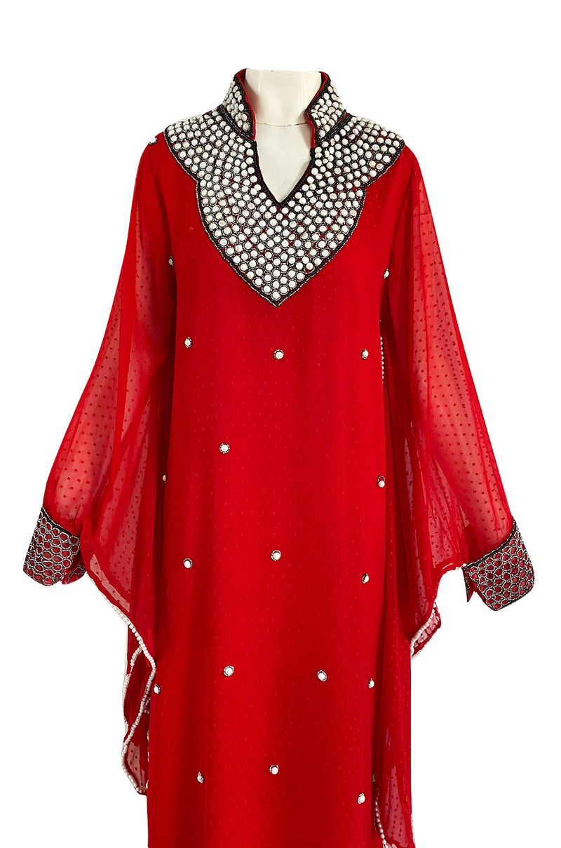 Striking 1970s Red Dotted Chiffon White Beaded Caftan Dress w Kimono Sleeves