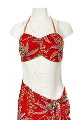 Rare 1930s 1940s Hawaiian Novelty Print Sarong & Halter Set w Fused Sequins