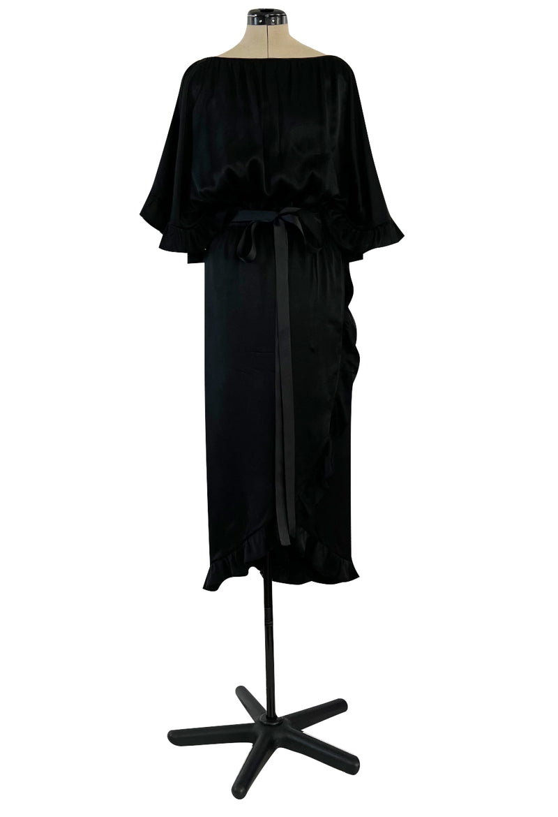 Perfect 1980s Galanos Easy to Wear Little Black Silk Dress w Cape Cut Sleeves