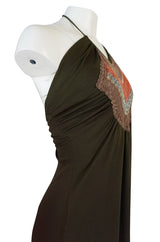 1970s Joy Stevens Embroidered Brown Jersey Halter Dress