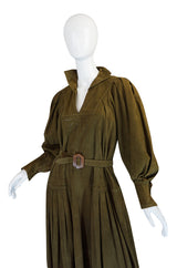 1970s Jean Muir Billowing Sleeve Perforated Olive Suede Dress