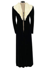 Exceptional 1920s I Magnin Inky Black Velvet Coat w Extravagant White Ermine Collar