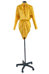1980s Ady Couture Lausanne Yellow Bias Cut Silk Satin Two Way Tunic or Mini Dress