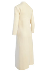 Late 1960s Pierre Cardin Ivory Wool Blanket Coat w Ribbon Edged Front Bow Detailing