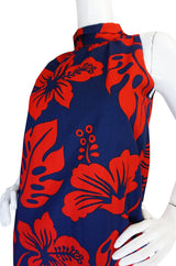 1960s Red & Blue Cotton Hawaiian Maxi Dress