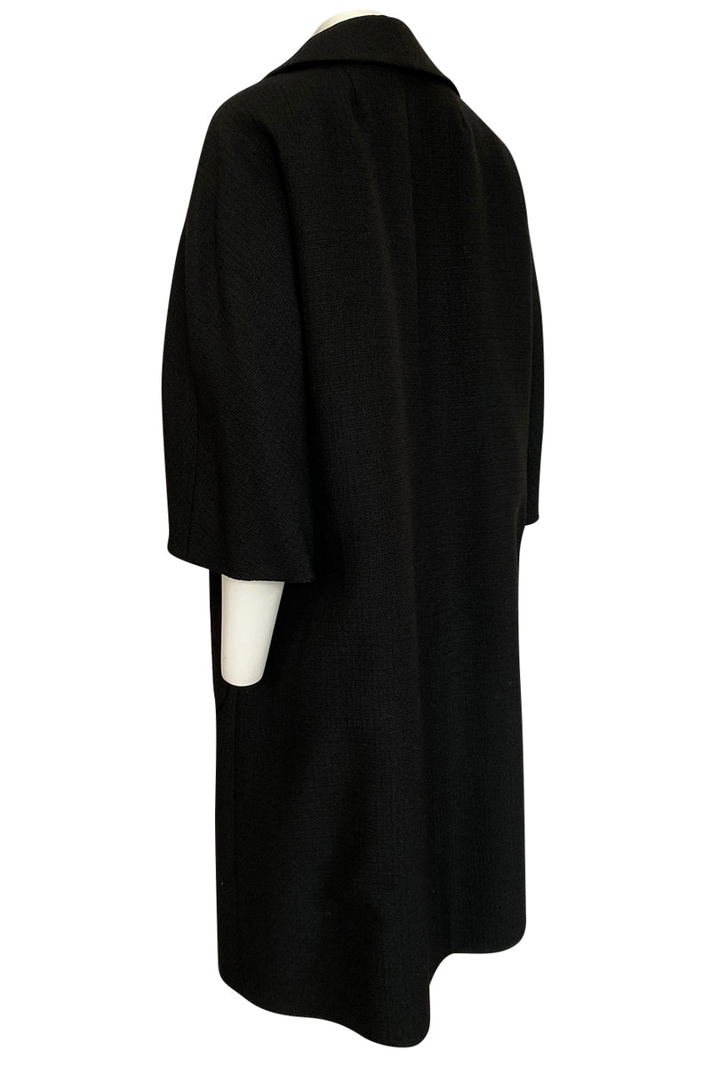 1950s Christian Dior Demi-Couture Simply Cut Black Textured Silk Coat