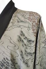 1950s Scenery Print & Black Silk Kimono