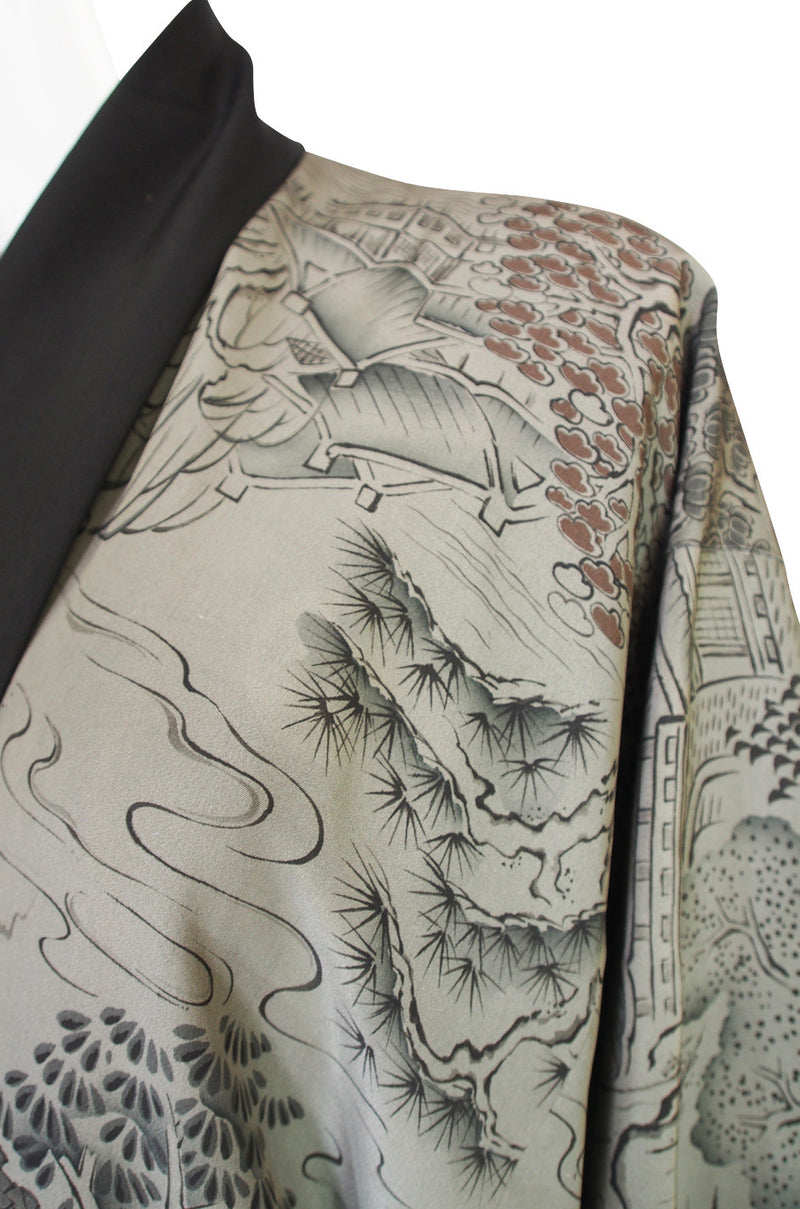 1950s Scenery Print & Black Silk Kimono