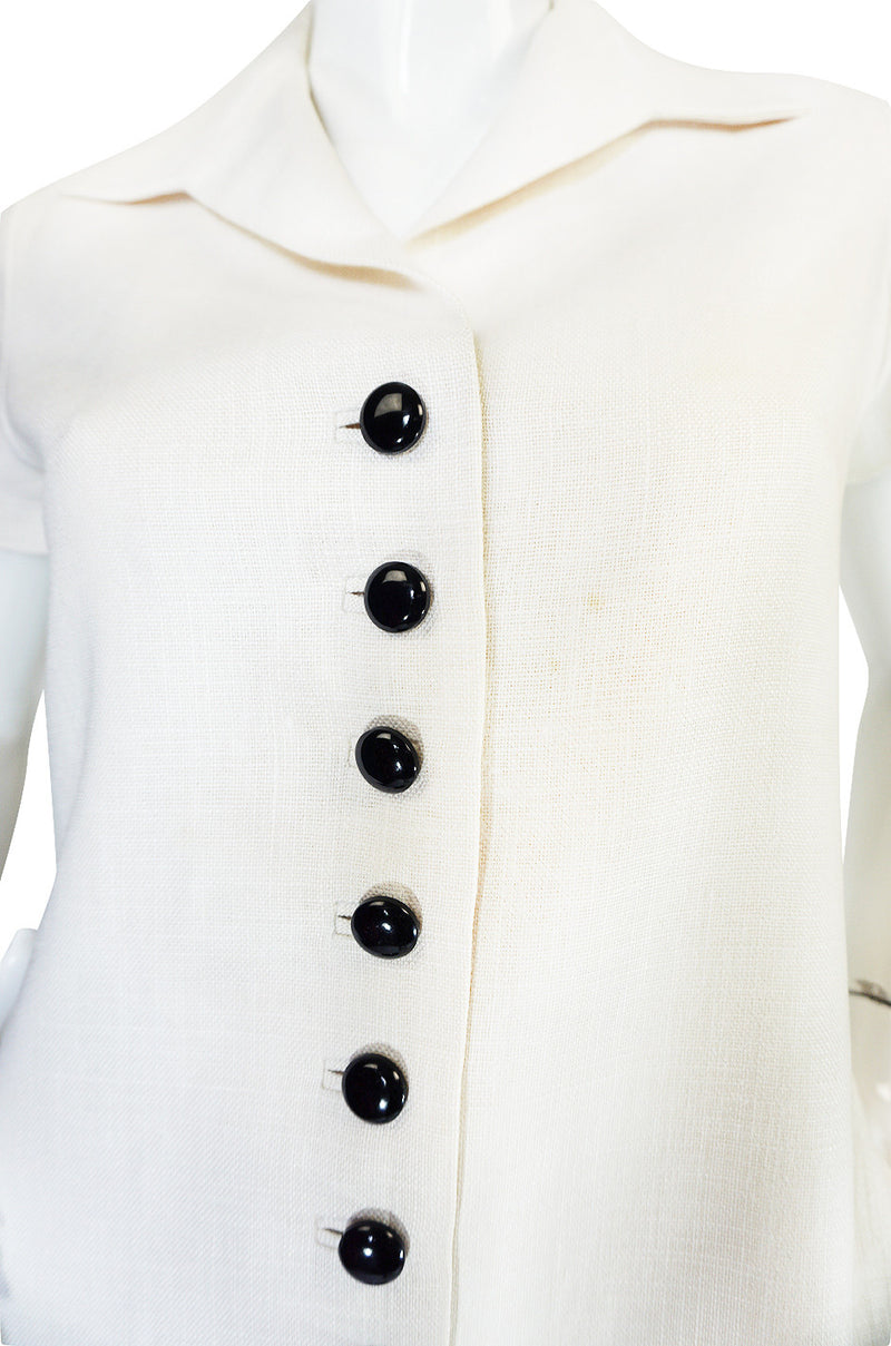 1960s White Linen Black Button Norman Norell Dress