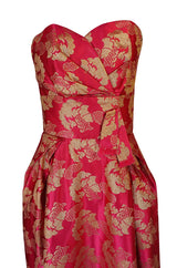 Beautiful 1950s Helena Barbieri Strapless Pink & Gold Silk Brocade Dress