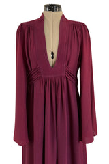 1970 Ossie Clark 'Graduation' Front Plunge Dress in a Burgundy Moss Crepe