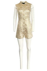 1970s Lanvin Metallic Gold Lame & Ivory One Piece Playsuit Jumpsuit