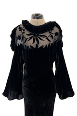 Gorgeous 1930s Bias Cut Silk Velvet Dress w Silk Mesh & Applique Detailing & Incredible Sleeves