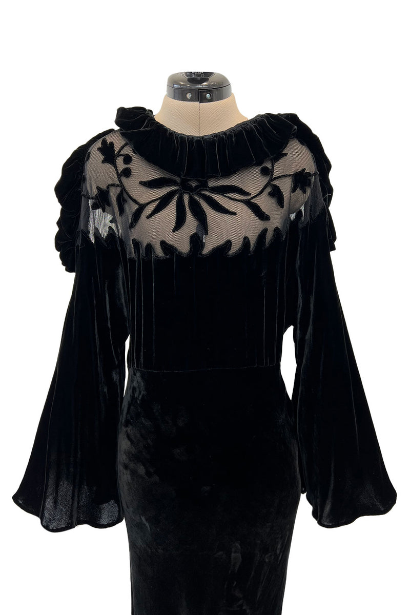 Gorgeous 1930s Bias Cut Silk Velvet Dress w Silk Mesh & Applique Detai Shrimpton Couture Gorgeous 1930s Bias Cut Silk Velvet Dress w Silk Mesh & Applique Detai Shrimpton Couture