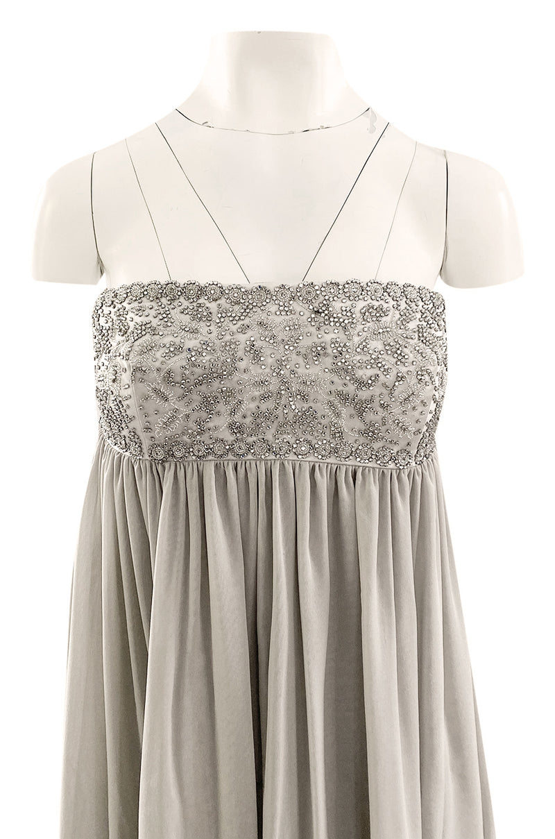 Spring 2006 Reem Acra Pale Grey Silk Chiffon Silver Rhinestone Beaded High Bodice Dress