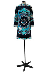 Gorgeous 1960s Emilio Pucci Velvet Dress in Ocean Blues & Classic Circle Print