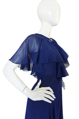 1970s Deep Blue Silk Chiffon Caped Detail Valentino Dress