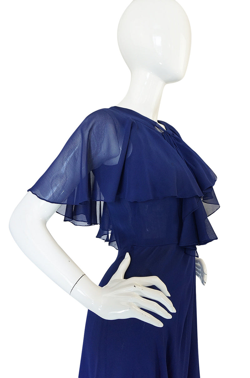 1970s Deep Blue Silk Chiffon Caped Detail Valentino Dress