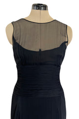 1980s Chanel by Karl Lagerfel Black Silk Chiffon Dress w Gold Button Detailing
