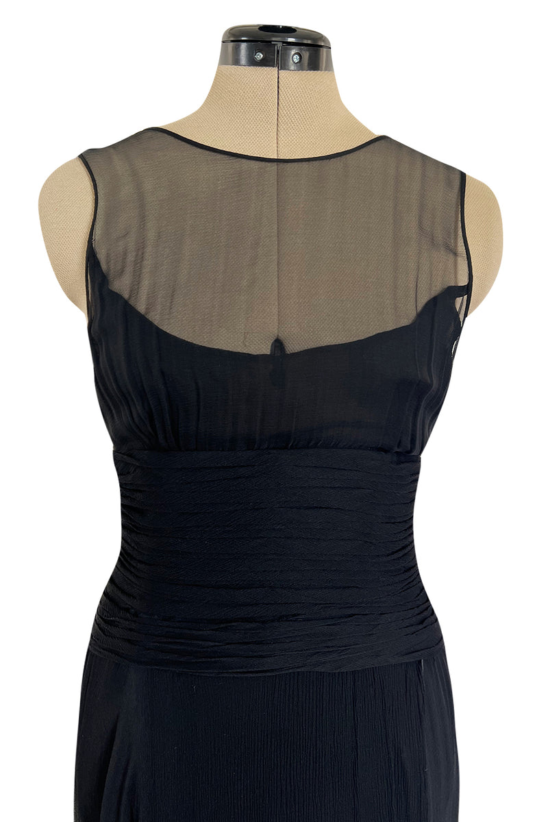 1980s Chanel by Karl Lagerfel Black Silk Chiffon Dress w Gold Button Detailing