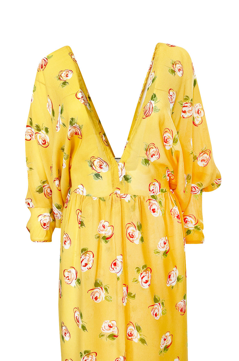 1970s Jean Varon Deep Front & Back Plunge Floral Print Yellow Crepe Dress