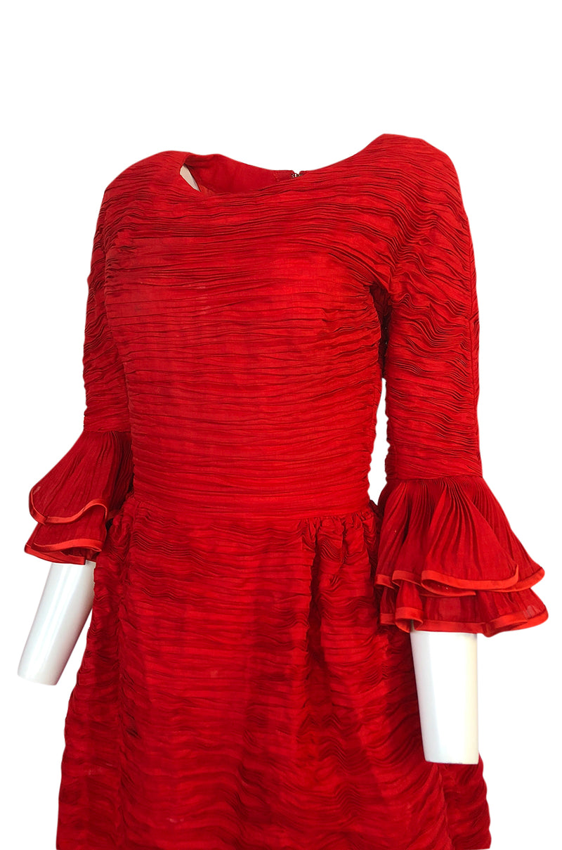 1960s Sybil Connolly Couture 'Non Chalance' Red Ruffled Pleated Linen Dress