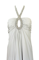 1970s Victoria Royal Pale Grey Jersey Dress w Jeweled Ring Collar