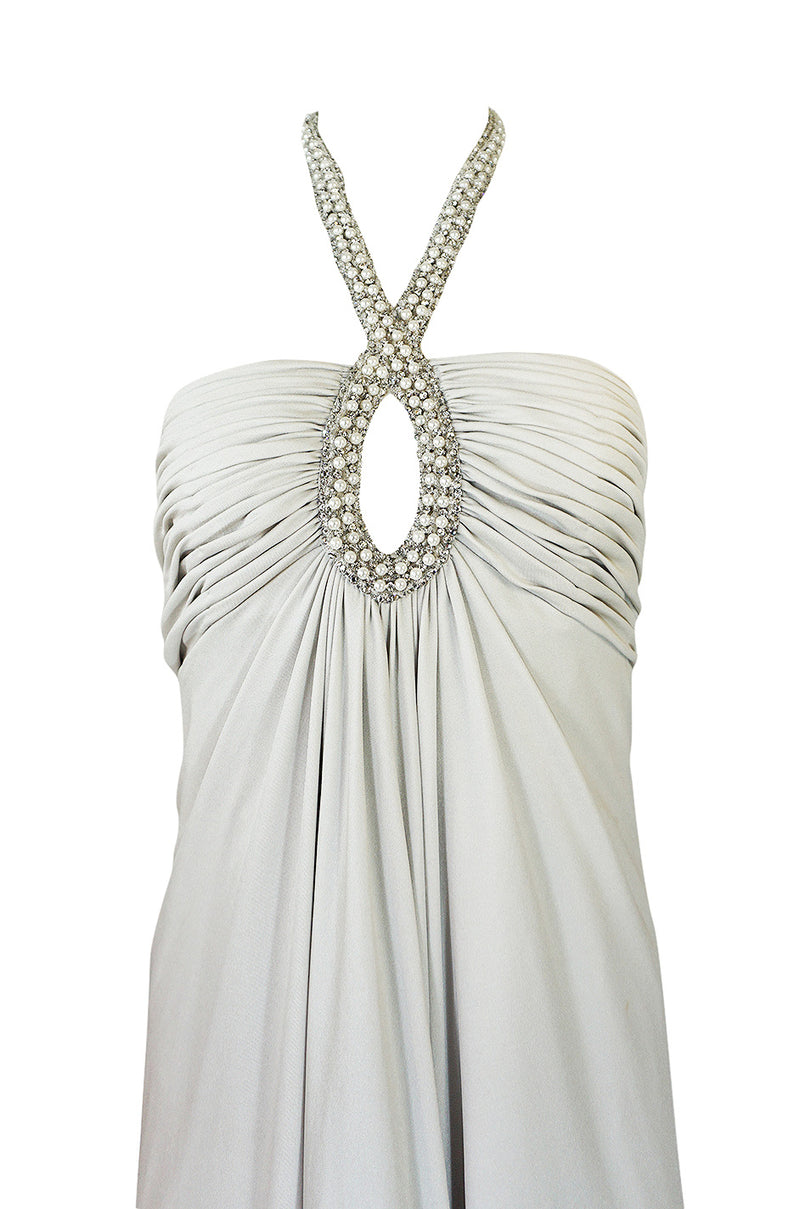 1970s Victoria Royal Pale Grey Jersey Dress w Jeweled Ring Collar