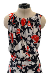Stunning 1930s Coral, Black & Pale Grey Floral Silk Print Bias Cut Backless Dress