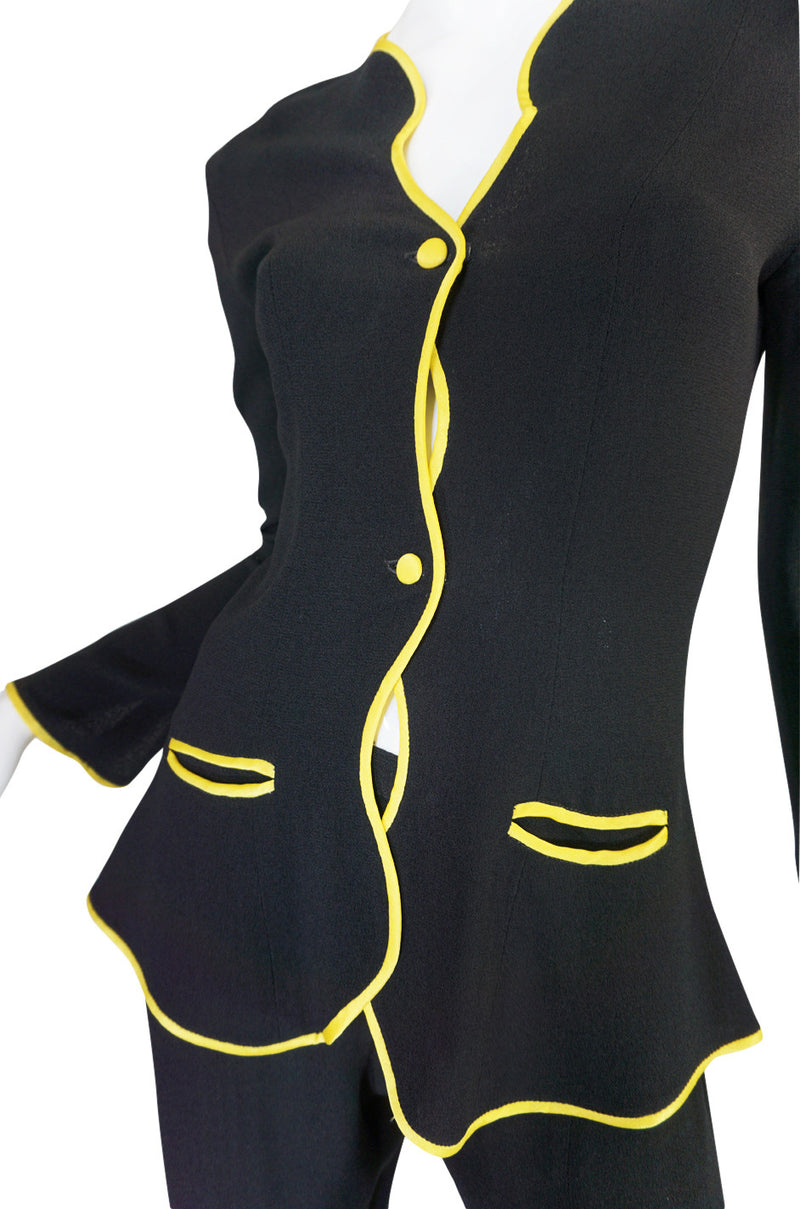 1970s Yellow Trim Ossie Clark Moss Crepe Trouser Suit
