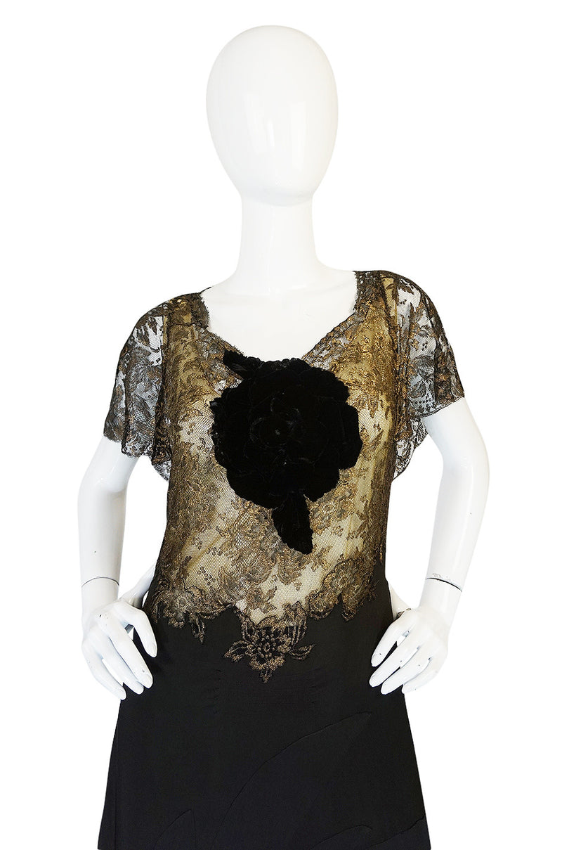 Amazing 1920s Couture Level Gold Metal Lace & Silk Dress