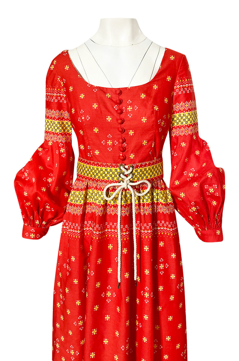 Spring 1971 Oscar de la Renta Red Printed Dress w Pouf Sleeves & Original Belt