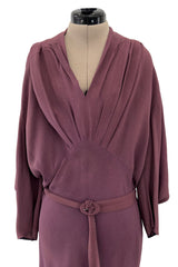 Unusual 1930s Avant Garde Mauve Moss Crepe Dress w Hand Beaded Sleeve Detailings