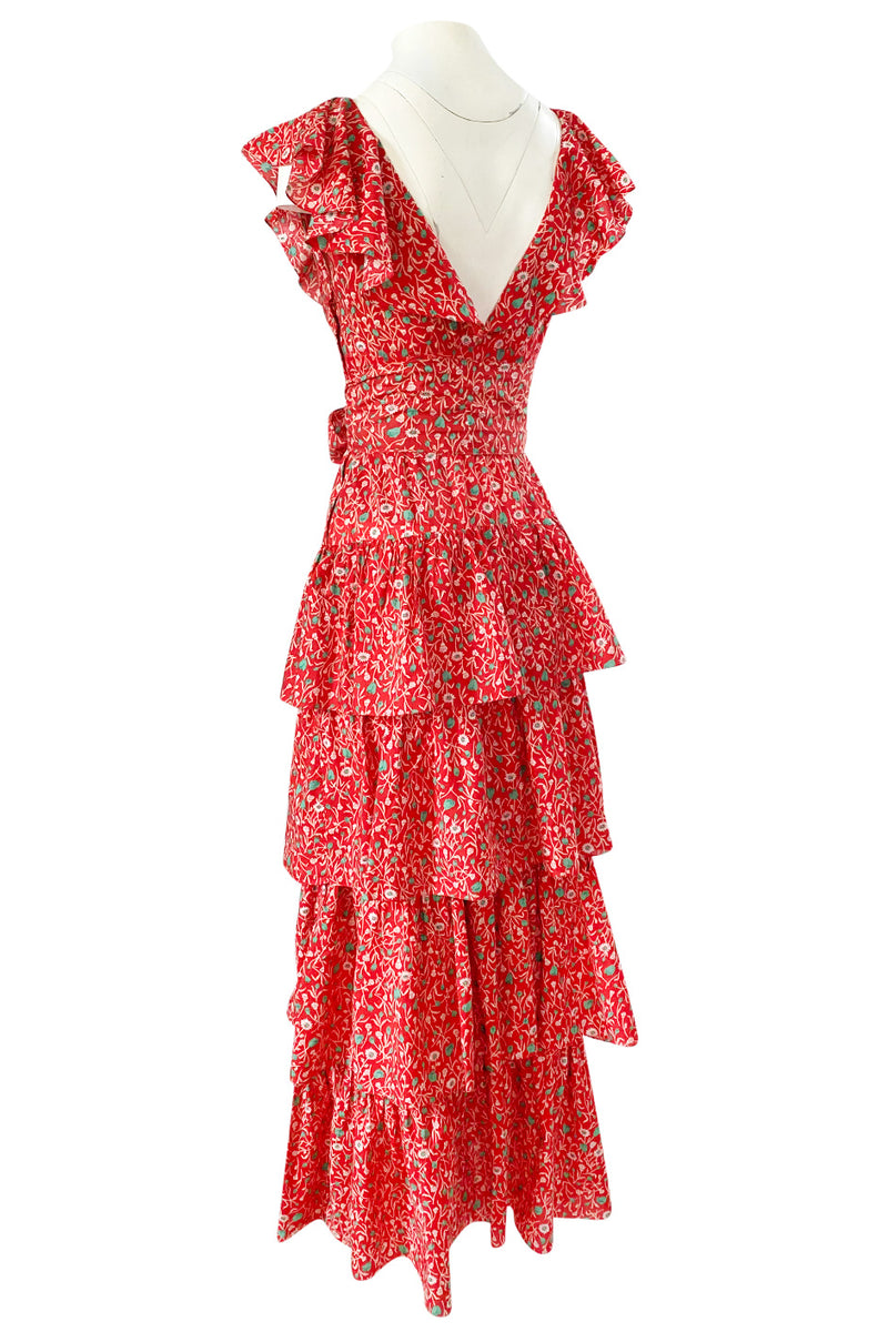 Prettiest 1970s Oscar de la Renta Tiered & Ruffled Tiny Floral Red Dress