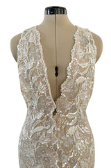 Feather Light Early 2000s John Anthony Couture Plunging Ivory Lace Dress w Sequin Detailing