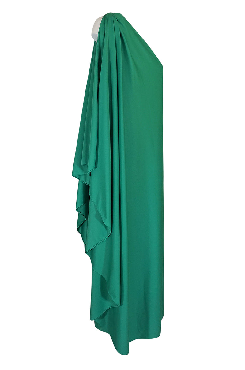 1970s Halston One Shoulder Green Draped Jersey Dress