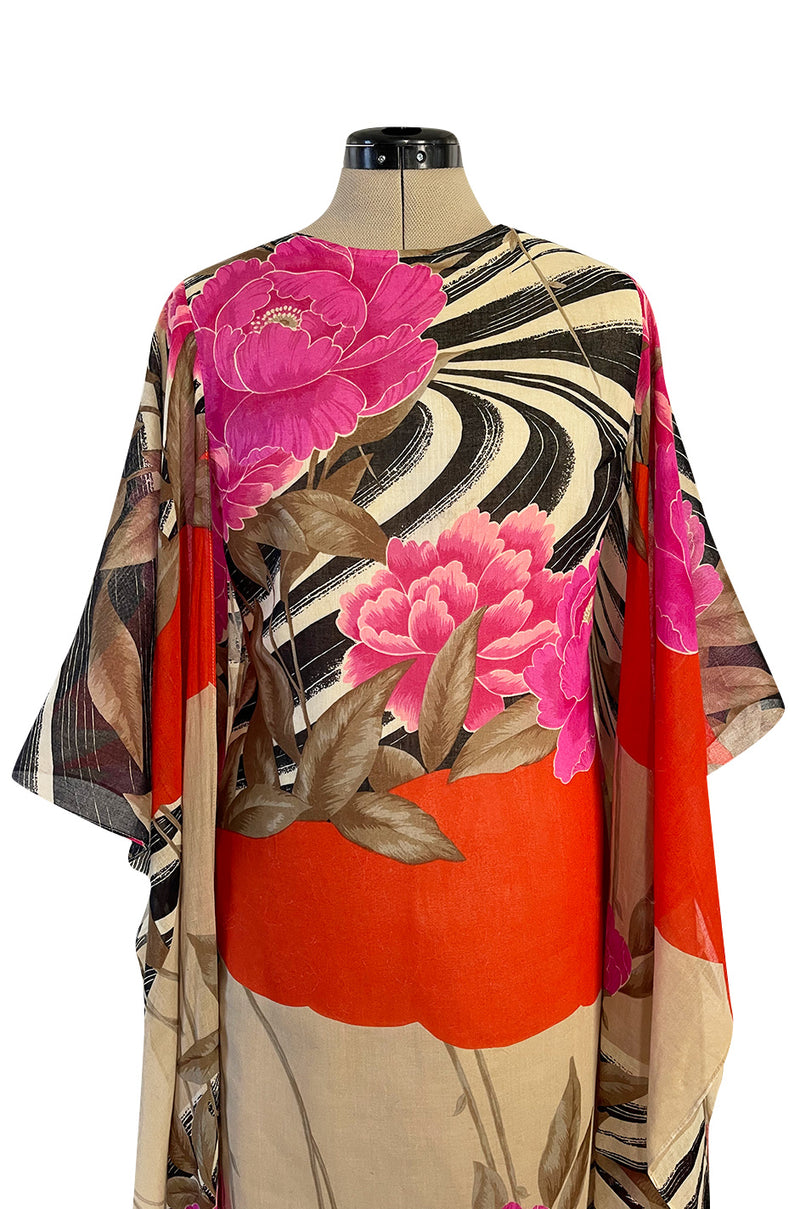 1960s Hanae Mori Couture Long Open Kimono Sleeve Pink Floral Print Cotton Caftan Dress