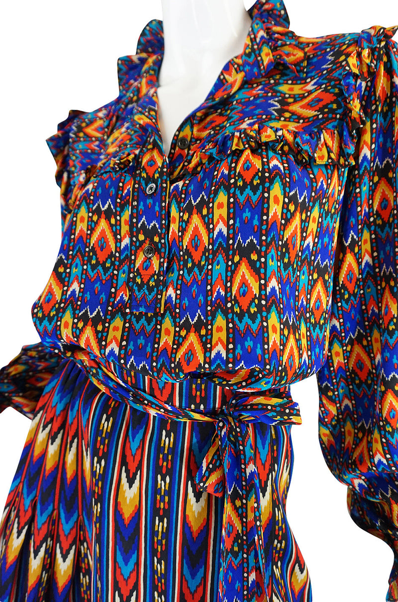 1970s Yves Saint Laurent Ikat Print Silk Skirt & Top