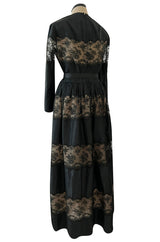 Gorgeous 1970s Larry Aldrich Black Silk Tafetta Dress w Illusion Nude Lace Panels