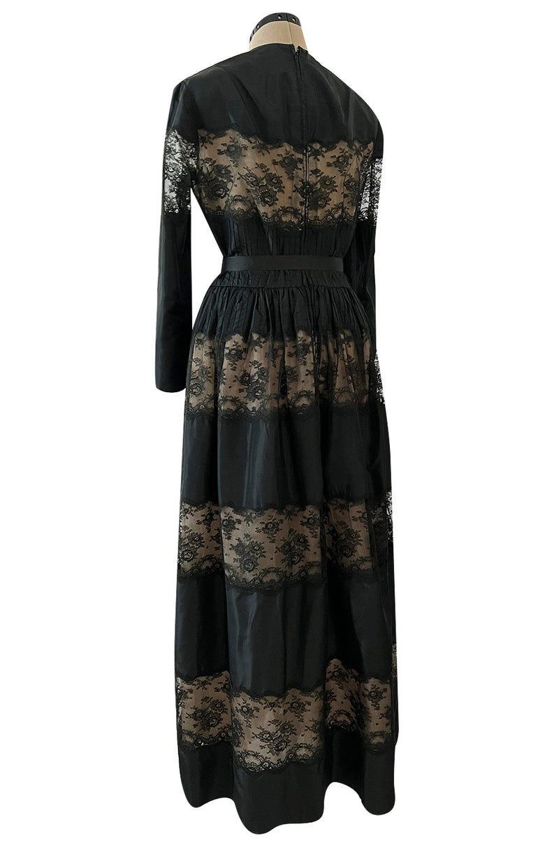 Gorgeous 1970s Larry Aldrich Black Silk Tafetta Dress w Illusion Nude Lace Panels