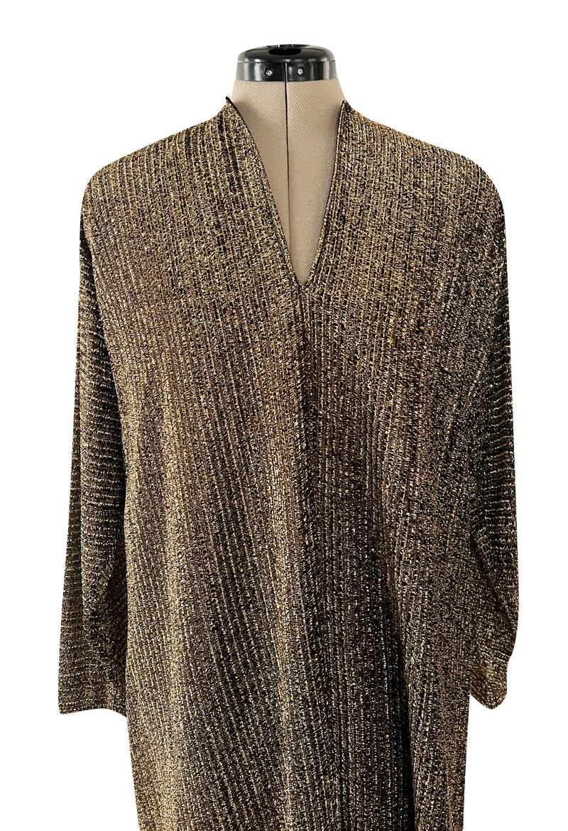 Classic 1970s Halston Metallic Gold Lame Lurex Full Length Caftan Dress w Notched Neckline