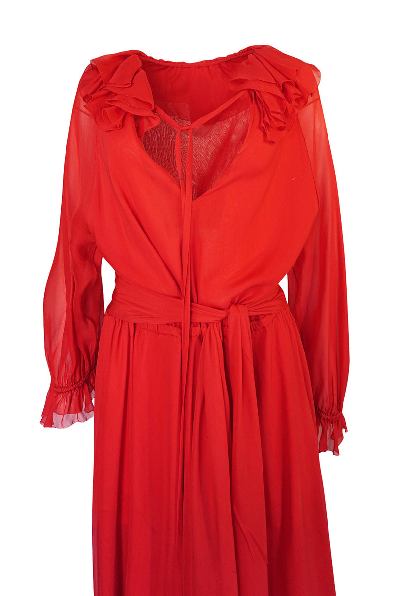 1974 Halston Red Silk Chiffon Ruffled Collar & Cuffs Bias Cut Dress