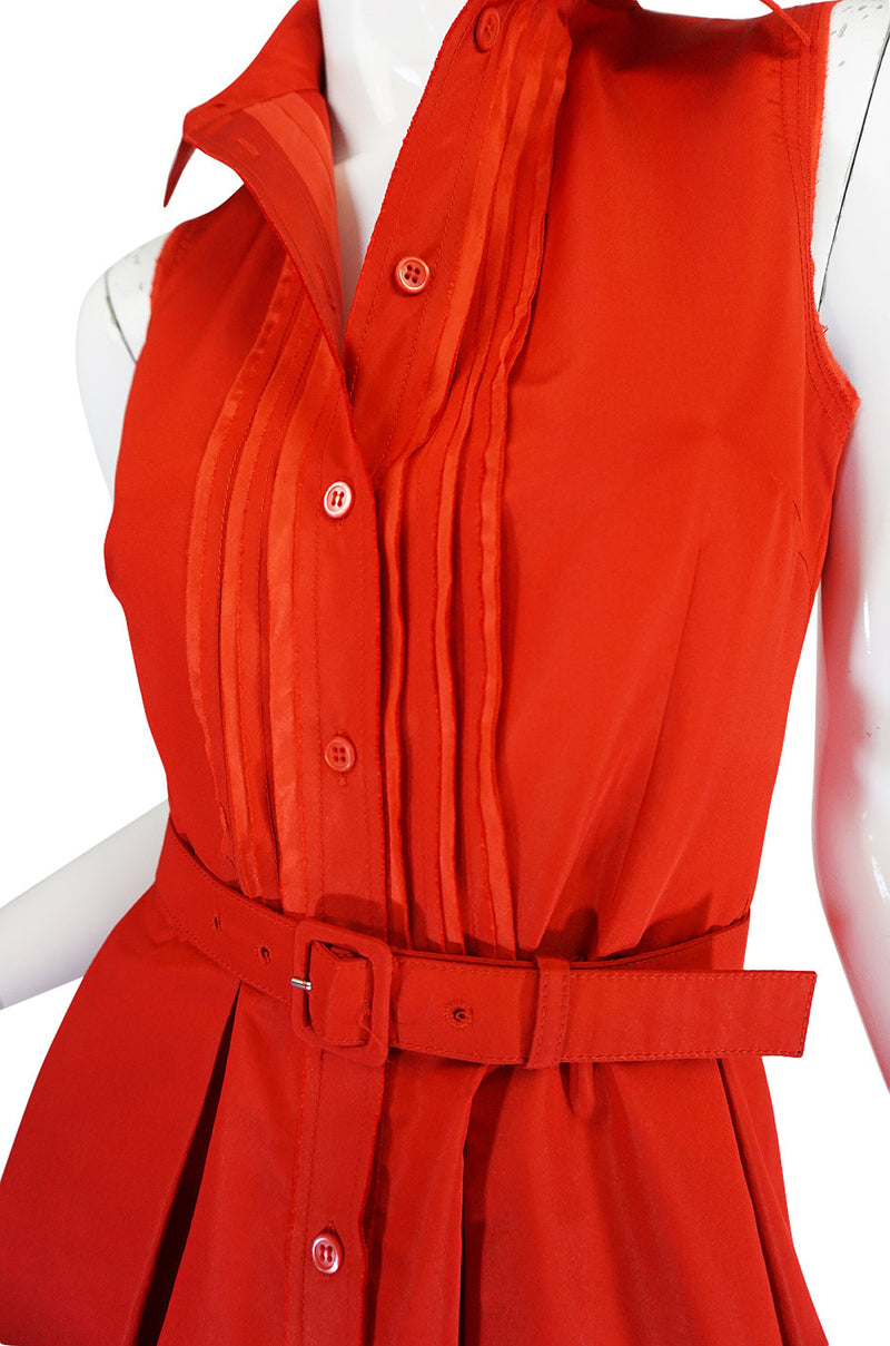 2000s Chic Prada Red Taffeta Button Front Day Dress