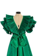 1980s Paul-Louis Orrier Emerald Green Silk Taffeta Couture Dress w Extravagant Ruffles