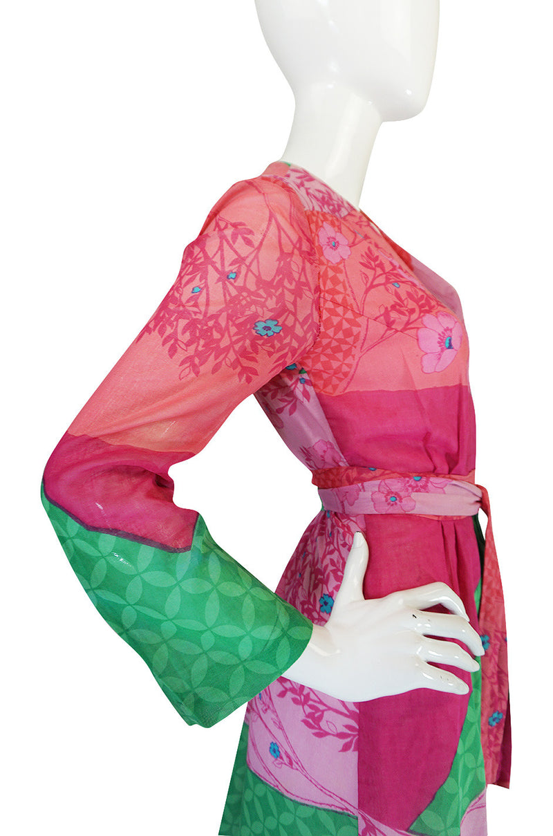 1970s Pink Print Cotton Voile Hanae Mori Wrap Dress